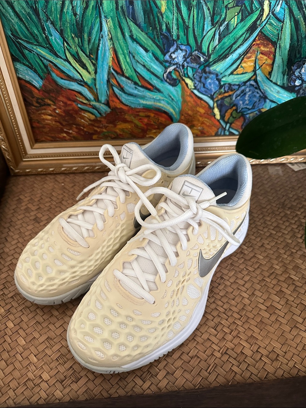 Nike Women's Pale Yellow Mesh Athletic Sneakers with Silver Swoosh